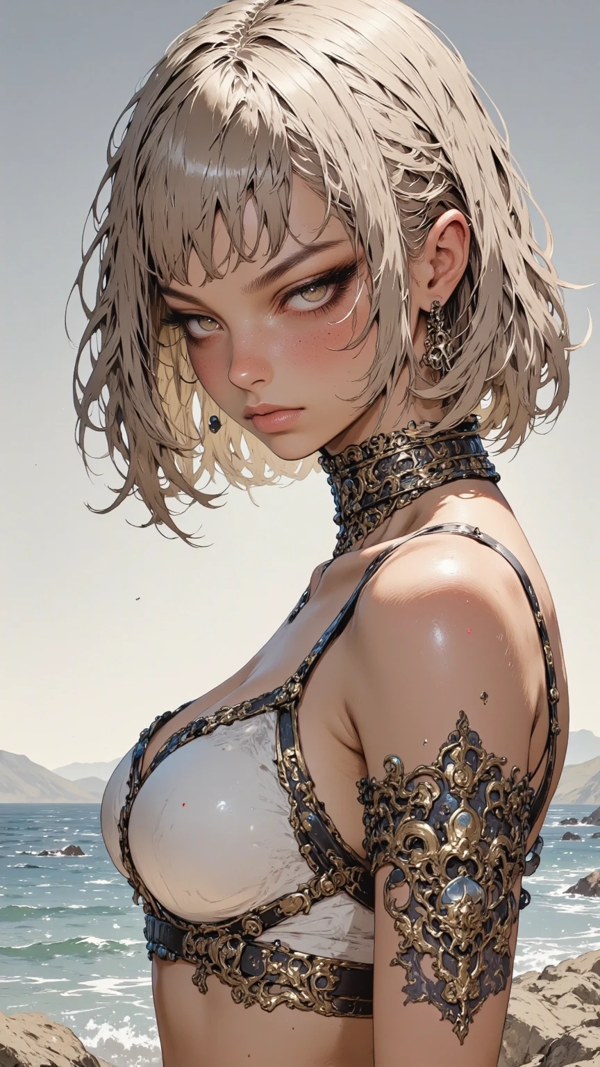 Cute Girl, cowboy shot,wall bang，(high quality,ultra-detailed,realistic:1.37),1girl ,linked piercing，（from above：1.2）,linked piercing close-up ，(Don&#39;t look at the camera：2.0)，disgust，Interlocking earring piercing，Cow bell,micro T shirt，((Hemispherical breasts))，No sagging breasts，(Incredible breasts:1.2)，nipple bulge，(Southern Hemisphere:1.8)，bare shoulders，Naked trench，clavicle，1girl ,linked piercing，