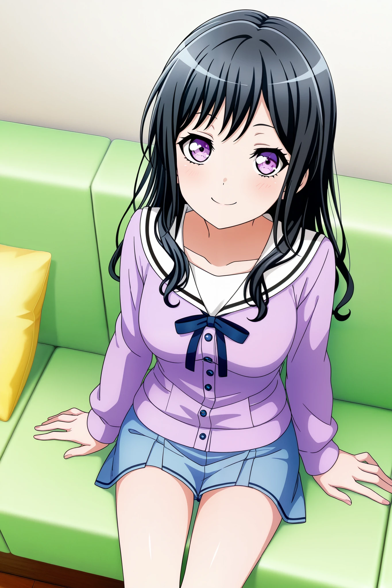 score_9, score_8_up, score_7_up, best quality, masterpiece, source_anime, anime coloring, anime screencap, official art 3d bang dream! official art 3d, Detailed eyes, Perfect eyes, good eyes,
BREAK
1girl,solo, long hair, black hair, purple eyes, medium breasts, bang dream!, best quality, amazing quality, very aesthetic, Sitting on the sofa, looking at another, From top to thigh, smile, From above , Head turned to the side