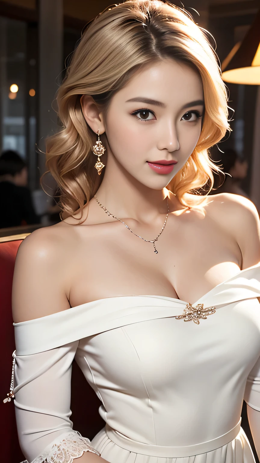 highest quality, Ultra-high resolution, (Realistic:1.4), Gorgeous white off-the-shoulder dress、necklace、Earrings、Japanese、Gal、Blonde、blue eyes、cute、Luxurious suite in the background