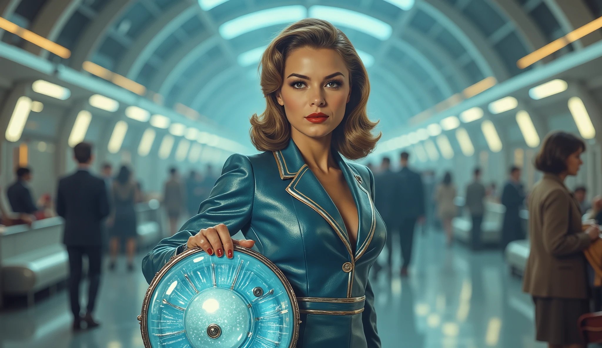 Woman in futuristic airport terminal with rocket gates behind her, holding a spherical glowing suitcase, metallic blue pencil skirt and cropped blazer with chrome piping, perfect red lipstick, soft spotlight on her face, passengers blurred in motion behind, wide-angle symmetry, atmospheric sci-fi elegance, 4K

