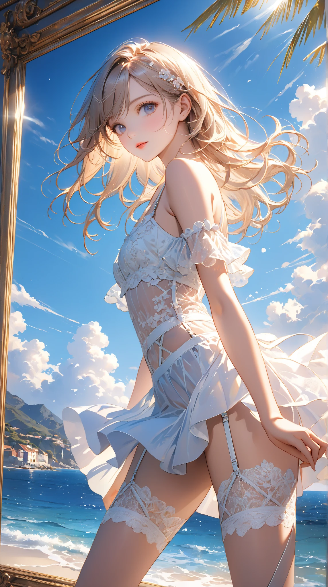 (Tabletop.highest quality).(Dynamic Low Angle、Hair blowing in the wind、Pitchy dresses、beautiful spotlight). (CG paintings with attention to detail),(Perfect image).(Sexy idol gravure、Horny pervert swimsuit gravure、I'm proud of my outfit、Presentation to the audience)、Comic Strip.shape.1 girl.Detailed face、Running along the shore、Perfect body.(Child body type、Small breasts、Thin chest、No underwear)、Beautiful thighs、Beautiful belly、Perfect Face.Delicate face、Raise your arms、Proudly、Pull your chin in、Seashell hair ornament、Shiny Swimsuit, Gorgeous swimwear、Exposure、#(Beautiful bikini showing off belly and bare legs)、Exposed breasts、Rough skin、Long Hair、(bunny ears girl)bunny ears girl、#((Beautiful brown eyes)).Delicate and beautiful eyes、Beautiful eyes lit by light、Shiny Hair、Reflected Eyes、.(Looking at the audience:1.3).(Red face:1)、#8k wallpaper、Bold full shot、reflected light、Most detailed、Complex、Delicate background、Rough skin、Fine skin、(Super Resolution)、mini skirt、Chirarizum、(whole body、Beautiful whole body statue、 Body Type)#((Beautiful brown eyes)).Delicate and beautiful eyes、Beautiful eyes lit by light、Shiny Hair、Reflected Eyes、.(Looking at the audience:1.3).(Red face:1)、#8k wallpaper、Bold full shot、reflected light、Most detailed、Complex、Delicate background、Rough skin、Fine skin、(Super Resolution)、mini skirt、Chirarizum、(whole body、Beautiful whole body statue、 Body Type)