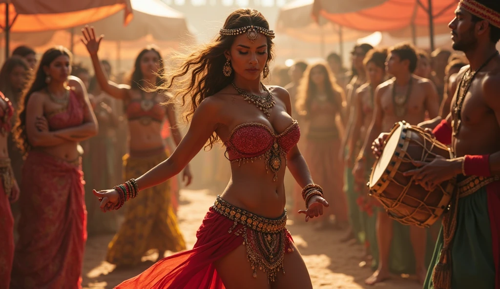 Black woman with red hair and honey brown skin and intricate red line drawing pattern on face belly dancing in a market square