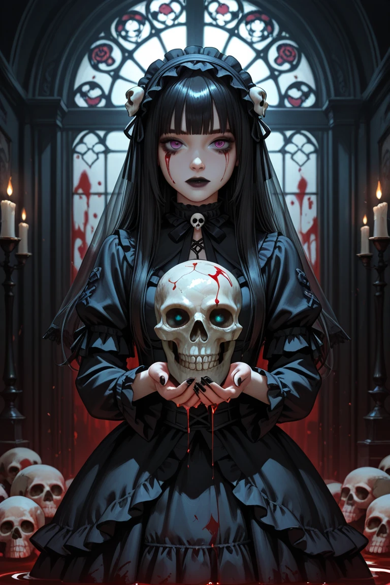 Woman with long hair, ribs appearing, skeleton, crown made of bones, many details, 8k quality, 1080x1080
