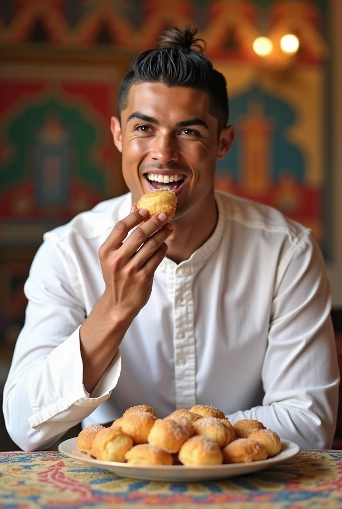 Will please create a photo a Cristiano Ronaldo wearing daura sural Dhaka topi and eating donut with Chiya with beautiful Village background 