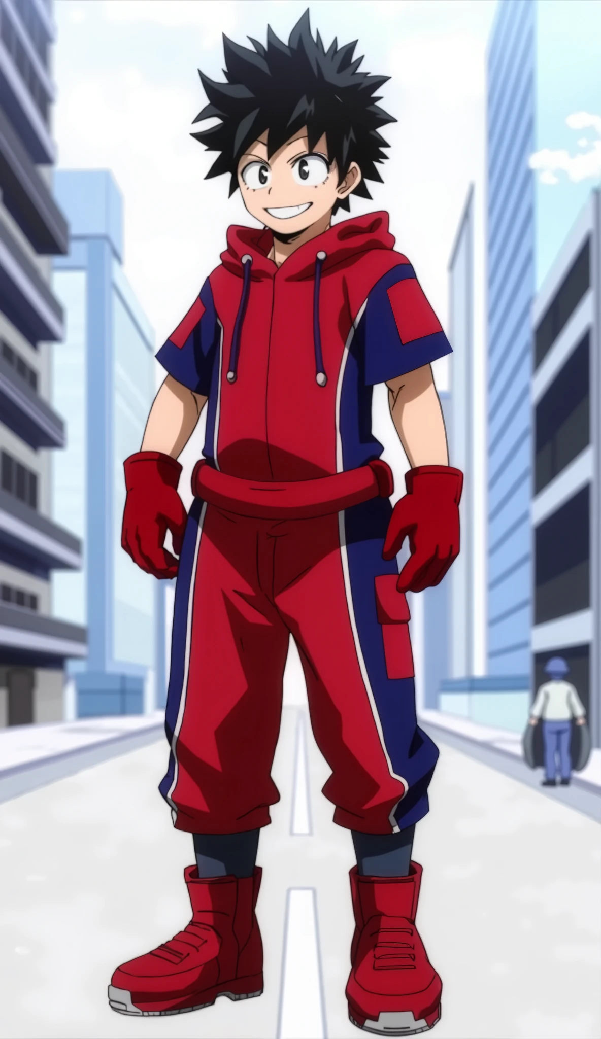 looking at the viewer, 1 boy of 19 years old, de frente, smiling with a serious face, black hair, head, short hair, spiked hair, dynamic possession, City land, corpo todo, uniform hero red sweatshirt with blue details, short sleeve with white lines, hoodie on the shoulders, red gloves up to the wrists, Causes of blue sweatshirts with red details,  red sneakers , belt with steel balls, Boku No Hero anime style art,  standing,