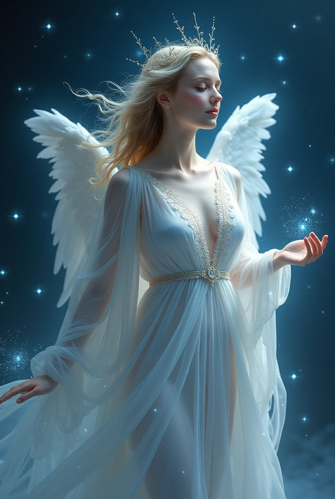Photorealistic, (A hyper-realistic:1.2), Beautiful, Masterpiece, Best Quality, extremely detailed face, perfect lighting, nice hands, perfect arms, A divine and radiant angel in celestial splendor, (heavenly presence:1.2), (serene expression), (majestic wings), (ethereal glow:1.1), (peaceful and comforting), (transcendent beauty), (divine grace), (symbol of purity), (golden halo), (uplifting atmosphere), (celestial realm), (spiritual enlightenment), (gentle and protective), (illuminating light:1.2), (seraphic figure), (harmony and serenity), (angelic robes), (timeless and celestial), (captivating aura), (healing and guidance)