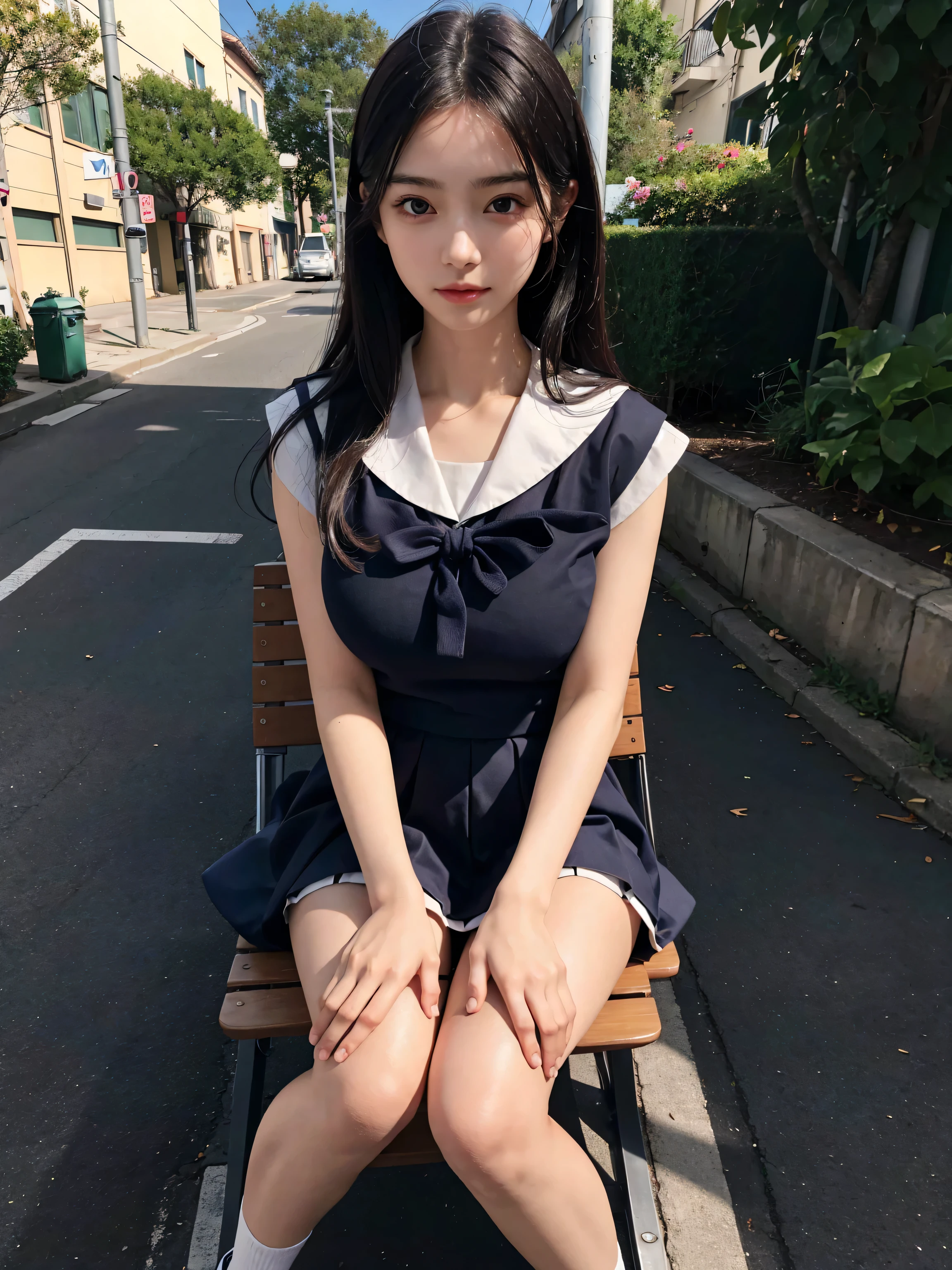 (8k, best quality, masterpiece: 1.2), (realistic, realistic, photorealistic: 1.37), 1 girl, hyper detail, beautiful detail eyes, beautiful detail nose, ((((1girl))), sailor suit, pleated short skirt, full body photo, subway station, shoes, sitting upright, hands between legs