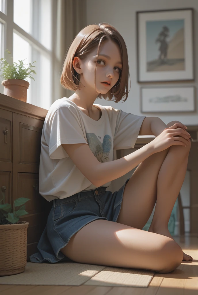 ((Are standing)) , (Hands on knees) , Leaning forward , masterpiece , Highest quality , Very detailed , (15-year-old female)、Blonde、Short Hair、Earrings