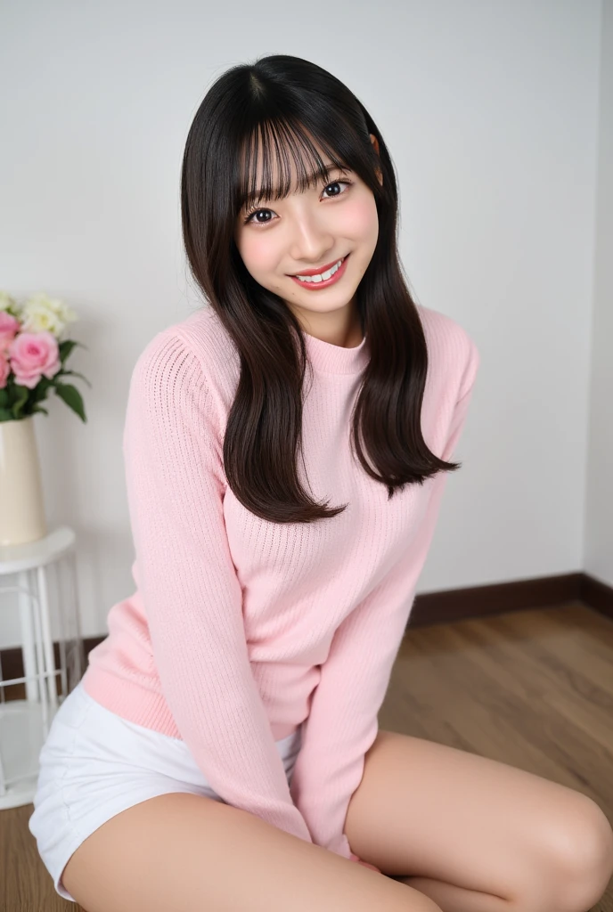 ((highest quality、8k、masterpiece:1.3)),((((fullbody shot)))),Ultra-high resolution,big eyes,Japanese,bangs,(a girl),(1 girl),((20 years old)),((facing at viewer)),(long hair),grin,((pink shirts)),((squatting)),(((pussy))),((pubic hair)),((skirt lift)),(((short crew socks)))