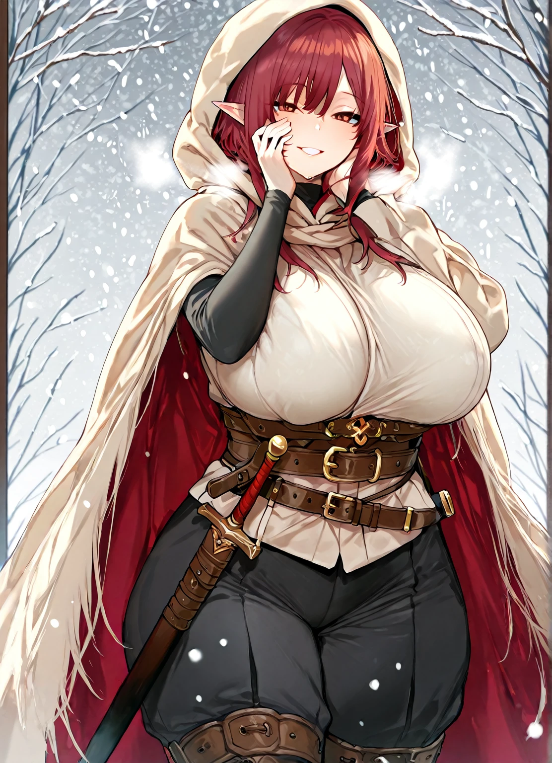 1woman, viking dress, viking armor, red and blonde hair, long under cut hair, blue eyes, lips, mouth open, large breasts, cleavage, leaning forward, downblouse, one breast out, nipples, 1man, largepenis, testicles, pov, (fellatio, oral), deep throat, cum, outdoors, snowy mountain, castle