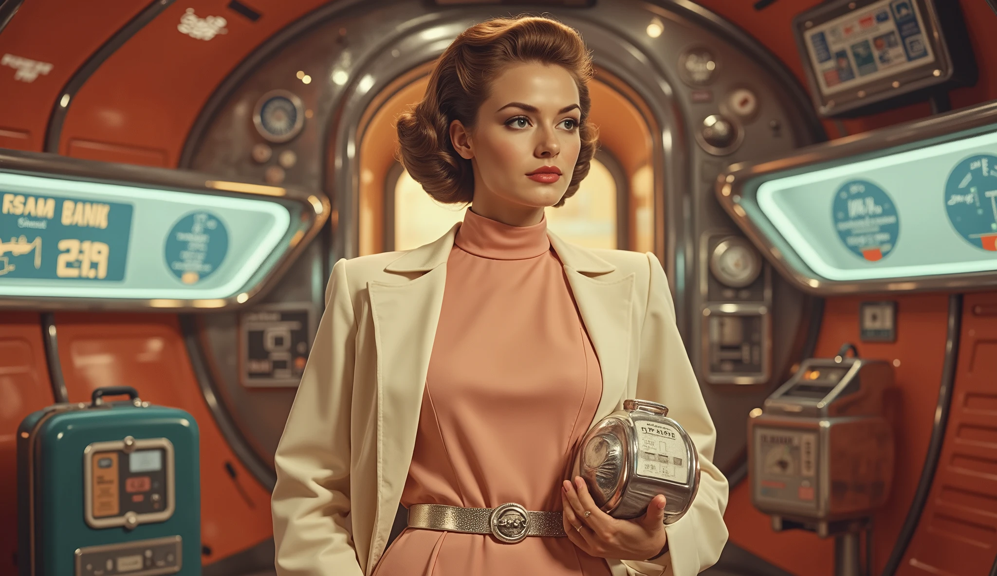 Stylish woman in pastel pink flight uniform with metallic belt, standing near a chrome rocket boarding gate, holding a translucent suitcase, vintage helmet under her arm, space stewardess aesthetics, retro signage glowing behind her, warm side light and long shadow, 1950s sci-fi fashion editorial, 4K