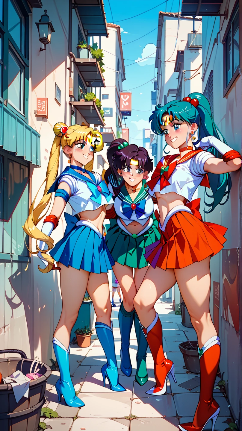 (Highest quality:1.1), (masterpiece:1.4), (Absurd:1.0), Portraiture, close, One girl, , , , Medium Hair, Sailor Warrior Uniforms, Pleated skirt, View your viewers, alley, (blush:1.2), smile, Old age, Place your hand on your chest, ((Beautiful girl wearing sheer body stockings all over her body。Sailor Neptune falls to evil。Female Solo :1.1))。