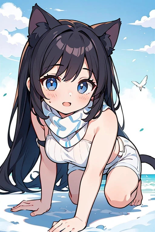 (NSFW:1.3), (realistic, photo realistic:1.2), ((highest quality)), move the center of gravity backwards, pretty embarrassing, hokko tarumae \(umamusume\), Purple eyes, barefoot,  (School swimsuit:1.2), A bib number with "たるまえ" written on it, horse taill, (squat:1.4), put the heel on the ground, spread legs, squat with your knees up, Attach your ass to the ground, beautiful face details, real human skin, gentle expression, realistic, photorealistic, cute, squat deep on beach, whole body, Smile, natural smile, charming smile, enchanting smile, (looking at the viewer:1.2), From before, from below, (wind:1.1). in sea