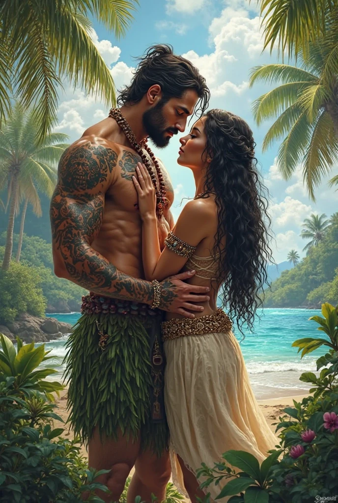 Image réaliste d'une femme amérindienne mince avec des cheveux longs et épais de couleur noire, un bandana rouge, et une peau bronzée. Elle a beaucoup des tatouages sur les bras et est dans les bras de son compagnon, qui est gros embonpoint avec un double menton et des joues prononcées. L'homme, d'origine européenne, a une peau légèrement bronzée, des cheveux bruns court rasé en dégradé, un visage rond avec des sourcils épais, des lèvres pleines, un nez droit, et un sourire radieux. L'homme n'a pas de tatouages.