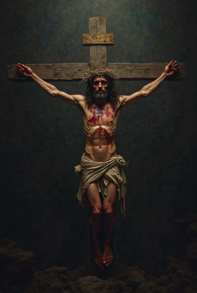 (work of art)(super verbose)(4k supreme image quality)(ultra realisitic)(fot)
"prompt": "A highly realistic and emotionally evocative depiction of Jesus Christ during the Passion, shortly before the crucifixion. He is standing, but with difficulty, after having endured severe scourge. Your body is wounded, with deep and visible wounds from the lashes on his back, arms and legs. Your face is marked by sweat, blood and a deep expression of pain and sadness. Their eyes, although full of agony, convey a feeling of compassion and love. The crown of thorns rests heavily on his head, with thorns piercing your skin, making the blood run down the forehead. The background is dark and gloomy, emphasizing the gravity of the moment. The general atmosphere is one of immense suffering, but also of divine strength and endurance."
}