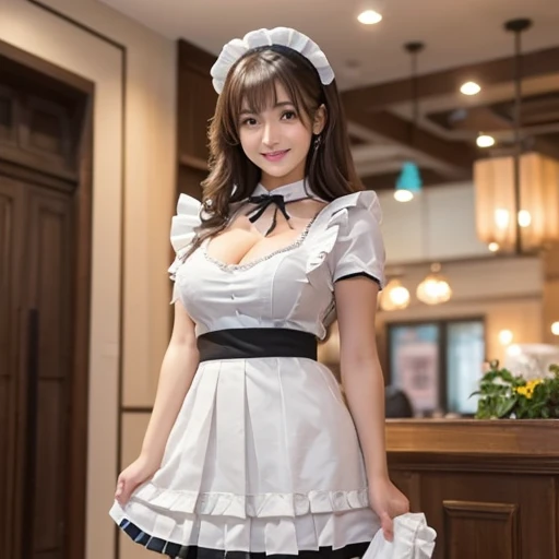 A woman wearing a revealing white skirt and pink maid outfit, white stockings, and a tight corset, Show off your huge curves, twin tail hairstyle, very beautiful. she starts showing off playfully,shorts sticking out、 enjoy the attention. she is facing the viewer, smile happily, legs spread、 masterpiece, highest resolution, quality, detailed, sharply focused, Waiting for professional image to start