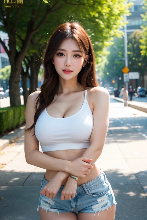 ((table top, high quality, high reality)), elegant woman, alone, beautiful face, Big eyes, long eyelashes, double eyelid, light makeup, clavicle chain, earrings, Sitting on a bench in a city park, attractive pose, bare shoulders, sexy breasts, Fair skin, thin clothes, micro abs, 8K HD quality, blurred background, written boundary depth, symmetrical at the center、model、smile、sun、