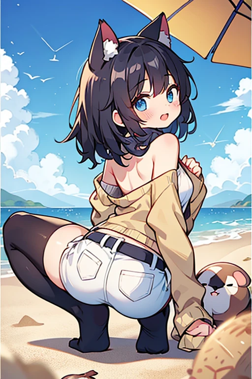 blush, outdoors, daytime, simple background, blue sky, wavy hair, sky, looking at the audience, loli, very cute expression, small short legs, avatar, toes, high quality panties, bra, navel,