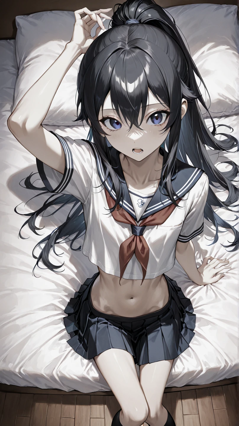((best quality)), ((highly detailed)), , (1girl),Rukia, black hair, short hair, hair between eyes, purple eyes, small breasts, frown,sexy,looking at viewer,embarrassed,blushing,masterpiece,best quality,highly detailed,black hair,solo, afb-lora, thick thighs, 1girl, solo, ((masterpiece, best quality)), absurdres, highres,((full body)),black leg tights, sleevless,(detailed eyes),hourglass figure,rabbit ears,navel,pleated skirt,,bare shoulders,,cute,