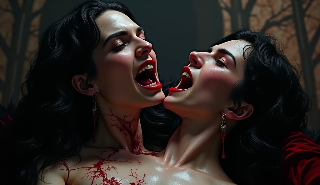 Her Full body is shown on a bed with a man , Perfect anatomy, realistic, she is biting deep and hard into his penis with her sharp vampire fangs, blood is dripping from his penis, she is trying to bite his penis off so that she can eat it, she has very sharp vampire fangs, she has a perfect athletic body, she is skinny with small perky boobs, she has abs and defined muscles, her skinny body is perfectly proportioned, she has a crazy look in her eyes, she is a sexy sadistic sex addict , a sexy tight dress with Long black stockings, she also is wearing black high heels with red bottoms, there is blood everywhere as she is biting into his penis with her sharp fangs. She has a perfect face, perfect eyes, and perfect bone structure, she has a skinny body with defined abs and muscle