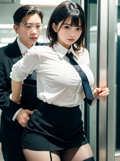 (in 8K、Raw photography、Highest Quality、realisitic、Photorealsitic、Professional Lighting、masterpiece、extremely delicate and beautiful、Highly detailed、finely detail、ultra-detailliert、hight resolution、full-shot)、There were several men huddled on the plane、1girl in、One woman in flight attendant uniform、Beautiful face:1.5、slim proportions、small tits:2、small tits、Young man in suit、Hug her from behind:2、Other young men flipping up skirts:2、I can see the white panties、Draw in clear detail whose hand it is、Eyes open:3、moaning in pain、feeling in pain、auw、Following the pain、moaning in pain、Pain in the face frowning、I'm looking at you、On the plane、Cabin Crew、