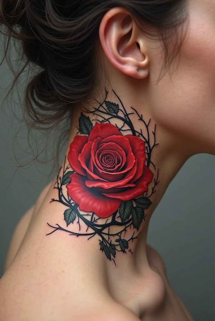 Hyper realistic photo realism of a deep red rose tattoo curved along someone’s neck just below their ear. It should have dark green leaves and black thorns. It should have an H placed creatively