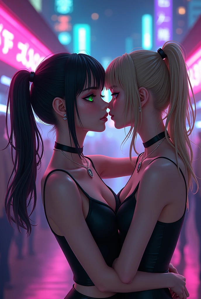 "(masterpiece, best quality, 8k, sharp focus, depth of field, best shadows, perfect lights, HDR, realistic skin texture, ultra-detailed background, detailed)", anime style, 2 women kissing (one of them has green eyes, white skin, black hair with ponytail, choker, small breasts, slim, makeup, eyeliner, glitter), (the other woman has blonde hair), at a night club, cyberpunk theme, Cyberpunk City.