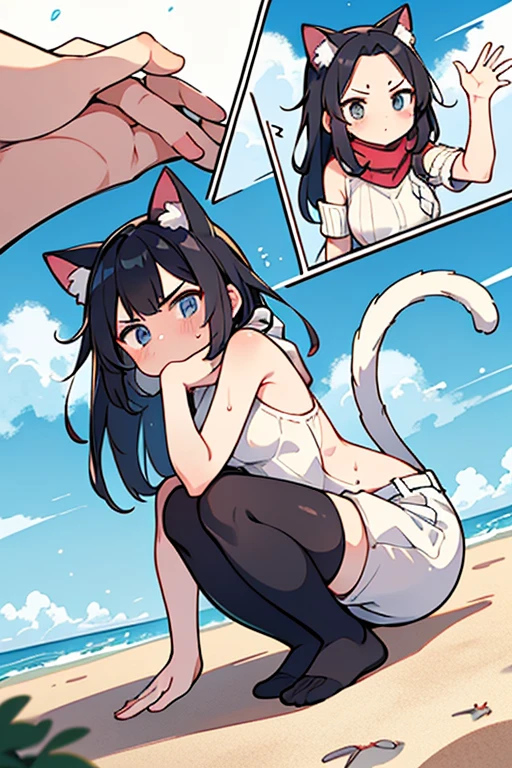 black twintail hair, medium breasts, naked, crawling, blushing, full body, on the beach, masterpiece ,very detailed, side view, armpits, cat ears, cat tail