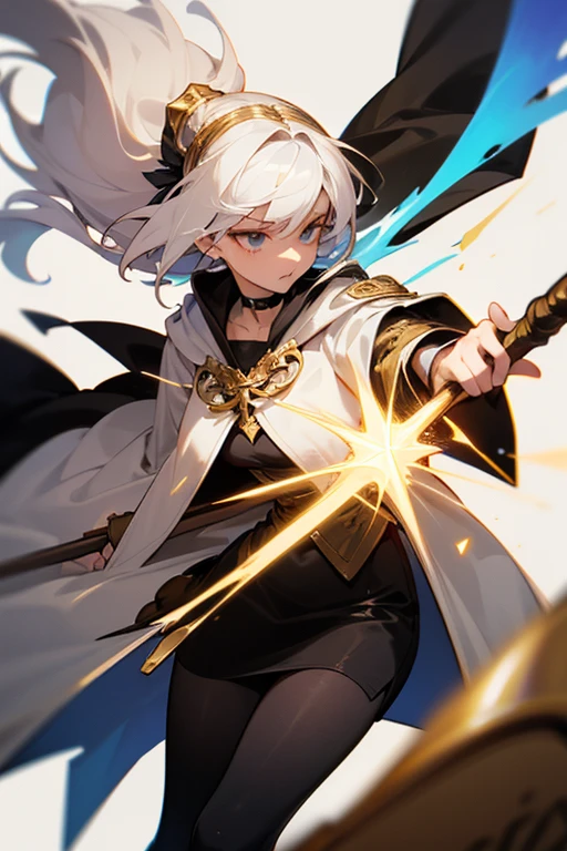 1GIRL, cute girl, finely detailed, (best quality), (intricate details), cute style, healer style, elf girl, dungeons and dragons style, multicolored, ((long white hair in braid)), ((tan skin)), best quality, ((gold and black puffy long sleeve dress)), ((thigh high socks)), ((black socks)), ((round eyes)), beautiful face, happy eyes, cute face, pinup, perfect face, simple background portrait, magic circle, magic staff