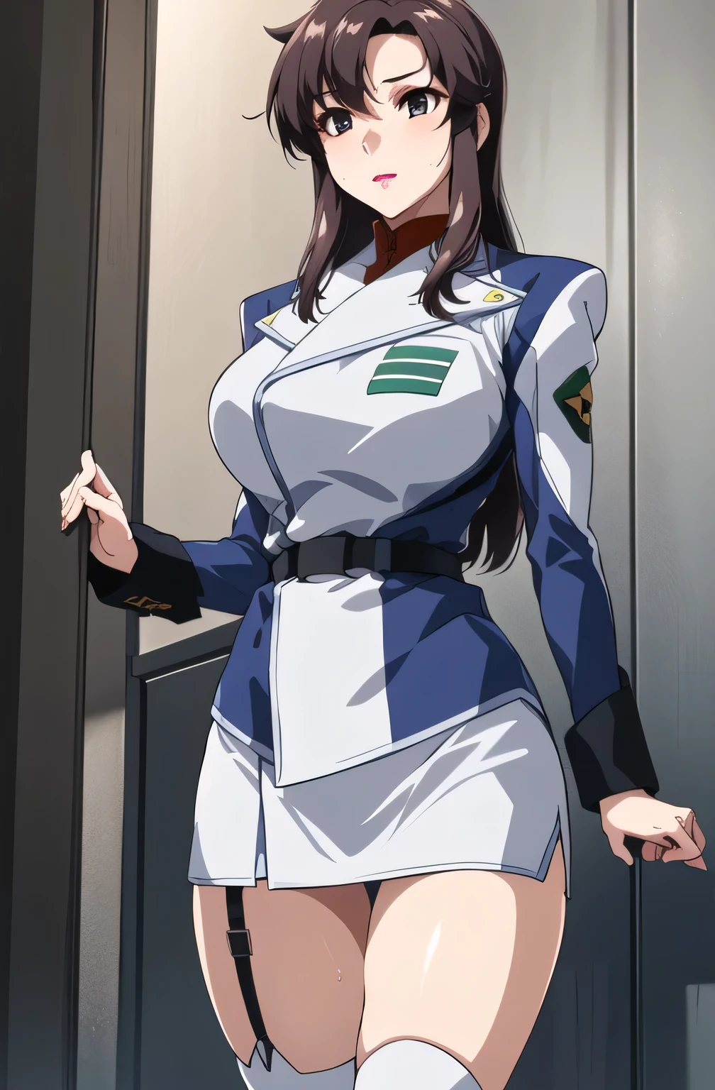  white long boots ， I want to see my nipples through my skin when wet，（faceの表情をさらに繊細に描いて下さい），Please draw big breasts even bigger，wear long boots that reach the thigh ，Raped，draw big breasts even bigger breasts，脚を開いて青colorパンティが見える，wet 、I want to see through her skin，，Garter Belt，                       2-high stockings                                             ，   faceの表情をさらに繊細に描いて下さい，40歳大人のcolor気のある女性，，             足を広げると青colorパンティが見える，            ,  Office Lady Uniform，スカートの丈をさらに短く描いて下さいfaceの表情をもっと繊細に描いて下さい，The skin on the jacket is hidden by the uniform，That's enough for me，faceに表情をさらに繊細に描いて下さい，             simple background    , Please draw big breasts even bigger breasts,巨乳でも                        waist                        が細い，
military uniform, military,              jacket,                                            blue and white uniform ,draw a shorter micro skirt, my whole body，  
前hair,茶color_hair, length_hair,red eye,lipstick,Compensate,
              1 girl, 40歳大人のcolor気のある女性，,                                            young woman      ,beautiful Finger,beautiful length legs,beautiful body,beautiful Nose,beautiful character design, perfect eye, perfect face,expressive eye,                                    perfect balance                                   ,
 ,(Focus on her face),                                         Please draw a                           , (innocent_big_eye:1.0),light_笑face,
             OFFICIAL ART,               very well detailed CG 、                                 Uniform 8k Wallpaper                ,  Full light,colorful,                                         bright          _Front                            _face_lighting,                               white skin,
(masterpiece:1.0),(Highest_quality:1.0),          ,4K, very well detailed ,
    カメラのlengthを描いてください, 8k,  High image quality,  High image quality,              absurd:1.2,               Kodak Portra 400        ,               Film Grain  ,          I'm sleeping on a private beach with my legs open and a、model with bangs 、sunlight on a blurry background, Bokeh:1.2,               lens flare              , (                    vibrant_color:1.2),   プロの    カメラのlengthを描いてください ,
(beautiful,huge_men's white needs:1.4), (beautiful_face:1.5),(Narrow                              _                        waist                        ),