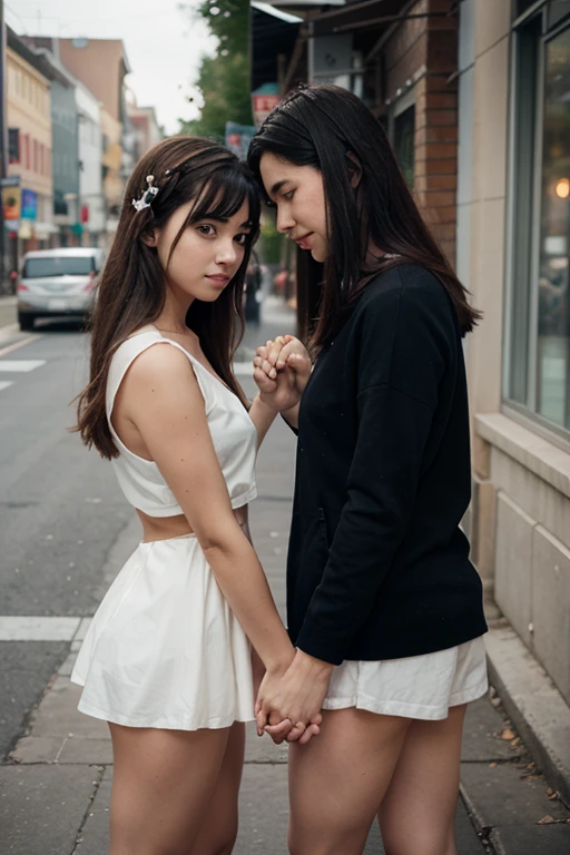 duas little girls, little girls, small, youth, are in the park, baby face, skirt short, 8K, long hair, dando Kiss na bochecha, maximum perfection possible, similarity with reality, natural photo, kissing on the cheek, whole body, photoshot, Kiss, pantyhose