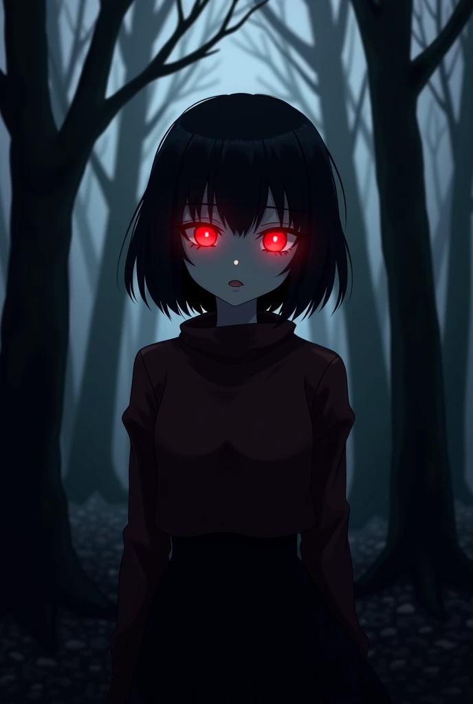 (best quality,4k,8k,highres,masterpiece:1.2),ultra-detailed,(realistic,photorealistic,photo-realistic:1.37),dark and mysterious,a girl's silhouette with a hood,red glowing eyes,nighttime forest,ominous atmosphere,captivating presence,shadows and secrets,barely visible face,foreboding sense,subtle moonlight,enhanced contrast,detailed foliage,misty fog,whispering trees,suspenseful ambiance,underlying danger,gloomy aura,mysterious appearance,subdued lighting,haunting beauty,uneasy stillness,silent footsteps,solitude and seclusion,ominous glow,ethereal presence,deep shadows,hidden intentions,nighttime enigma,unseen entity,creepy atmosphere,shrouded mystery,intense and captivating,unveiling darkness