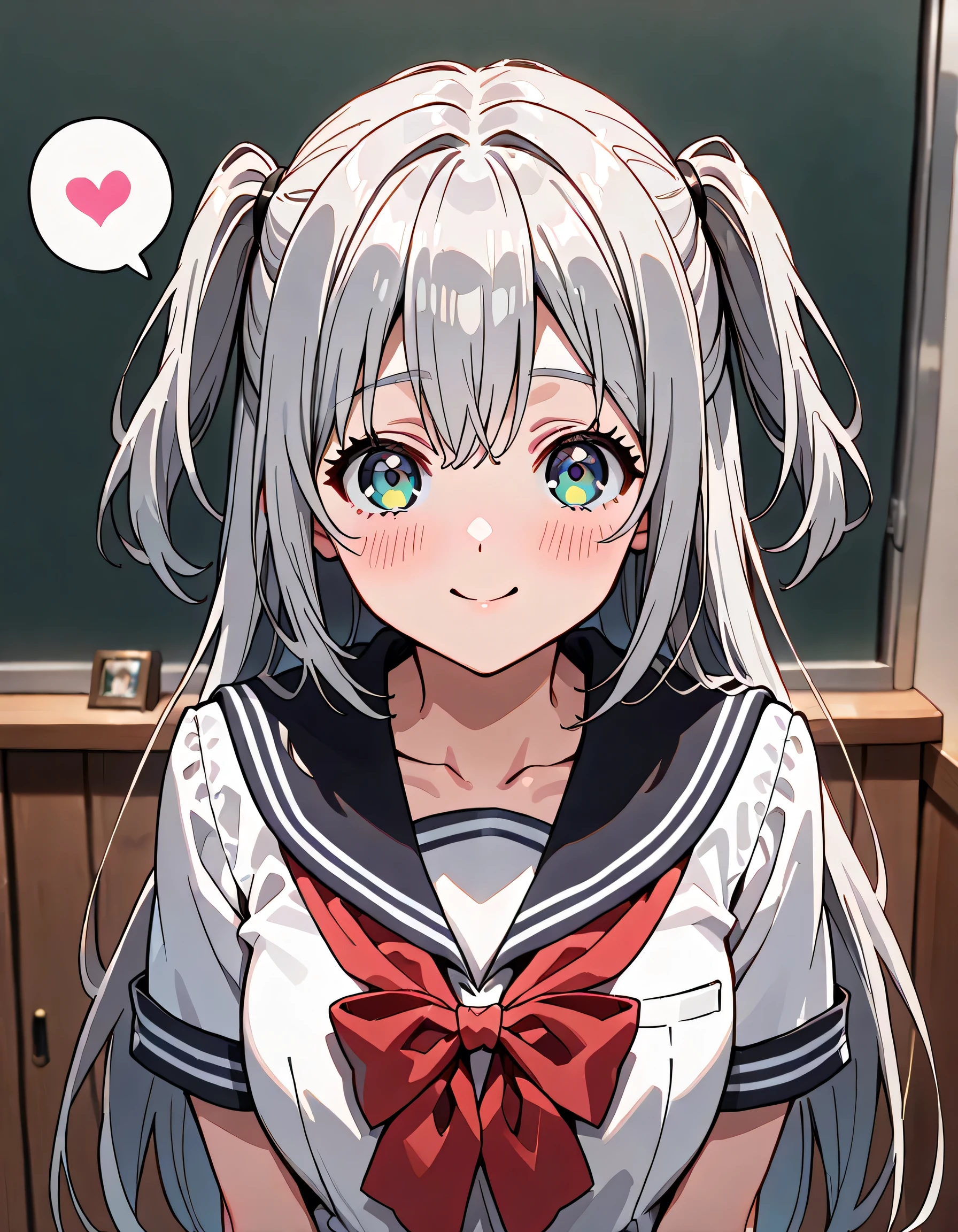 ((ultra-detailed)), (highly detailed CG illustration), (best quality:1.2), ultra-highly detailed, colorful composition, artistic photoshoot, 1girl, solo focus, ((upper body:1.4)), moe anime character, girl, dainty facial structure, (baby face), (round face), ((rounded chin:1.2)), blue eyes, sparkle eyes, ((silver hair color)), ((two side up hair)), ample breasts, school uniform, sailor suit, traditional Japanese style with navy blue and white colors, ((smile)), ((shy:1.4)), ((slaver:1.4)), incoming kiss, ((full faceblush:1.4)), ((looking viewer)), ((Sweat:1.4)), ((spoken heart:1.4)), ((pink heart background)), from front, best quality, masterpiece, expecting, pink cheek, blush, light pink gloss slip, portrait, depth of field, soft lighting, sidelighting, (shine), lighting, caustics, ray tracing, perfect face, lustrous skin, highly detailed face, perfect face, perfect nose, perfect hair, perfect anatomy, beautiful hair, beautiful small face, extremely detailed face, beautiful clavicle, beautiful body, beautiful ample breasts, leavage, breasts squeezed together, equalize the size of the left and right breasts, beautiful fingers, 4 fingers, 1 thumb, lovely, (very detailed background:1.0), (highly detailed background:1.0), spring aesthetic, intricate details, joyful atmosphere, spring colors palette, chromatic aberration