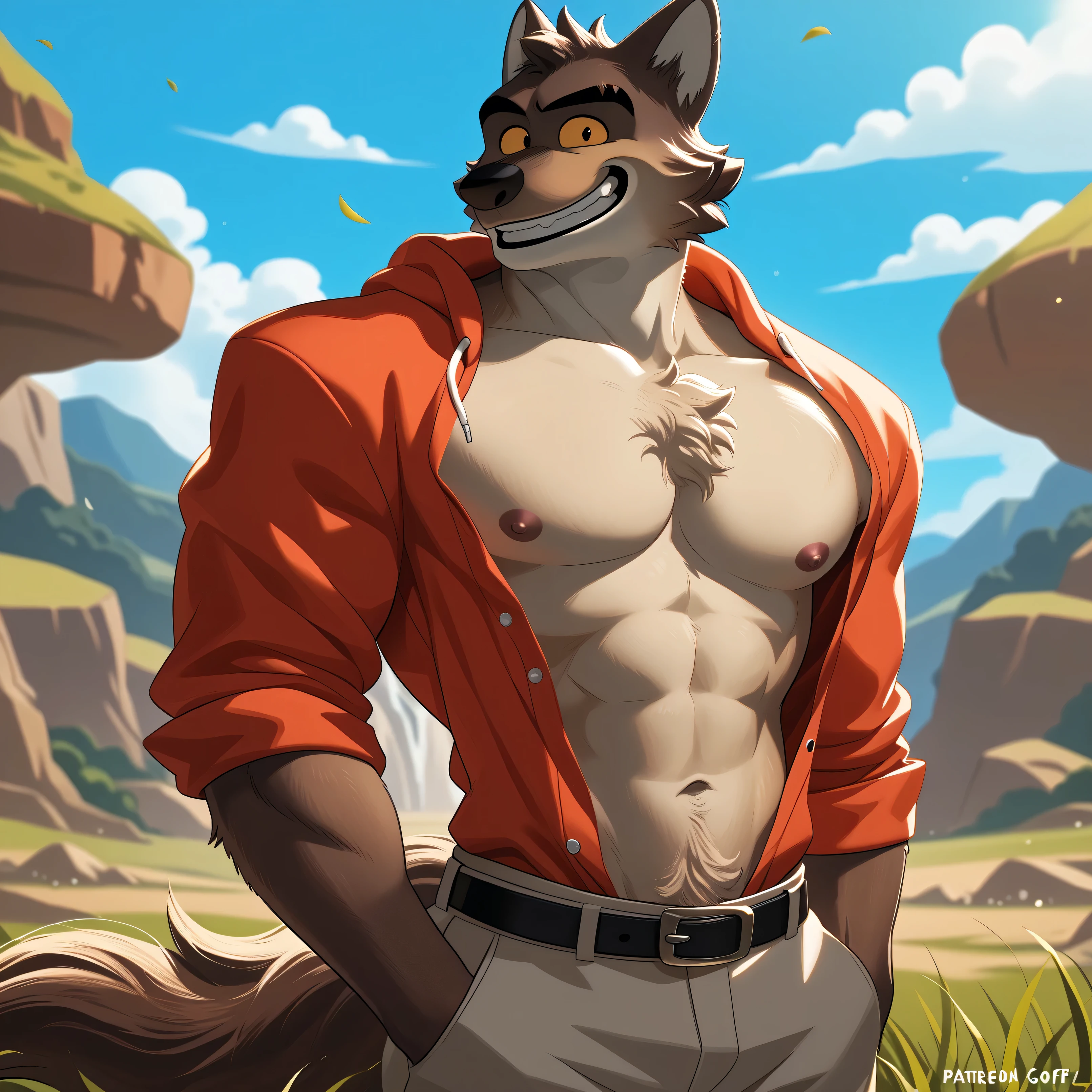 Mr Wolf (The Bad Guys) brown eyes, yellow sclera, solo, detailed, detailed face, black eyes, anthro body, male, adult, muscular, cartoon shading, cel shaded:1.0, flat colors, (no background, white background):1.5, shirtless, wfa style, negger style, cartoony anatomy, above waist, looking at viewer, posing, smile