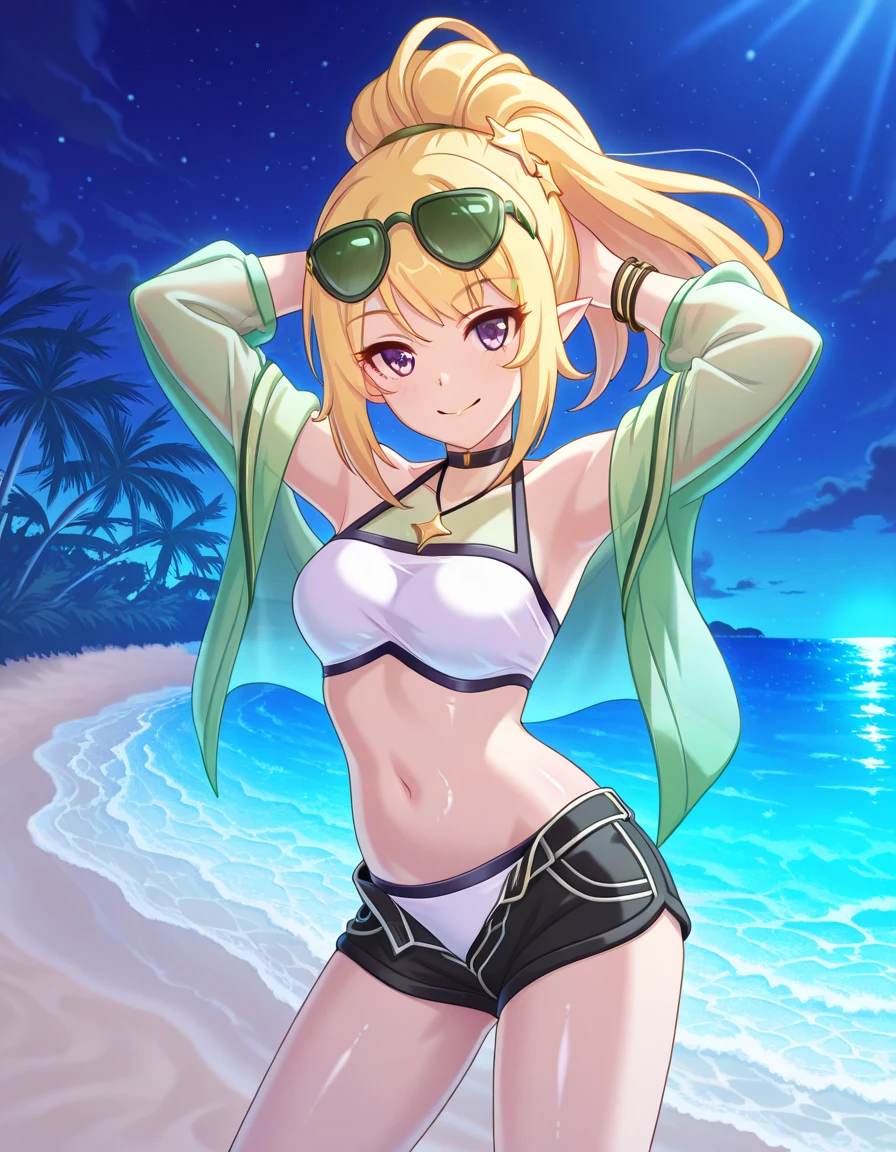 1girl, muelsyse \(arknights\), arknights \\\\\ masterpiece, best quality, very aesthetic, absurdres, newest \\\\\\ simple background, space background. bikini, greenery, water, orange eyes,elf ears, slim body,///// ,by nyantcha, cutesexyrobutts, by khyle,,////// 18 years old girl, ,,solo, , rainbow,