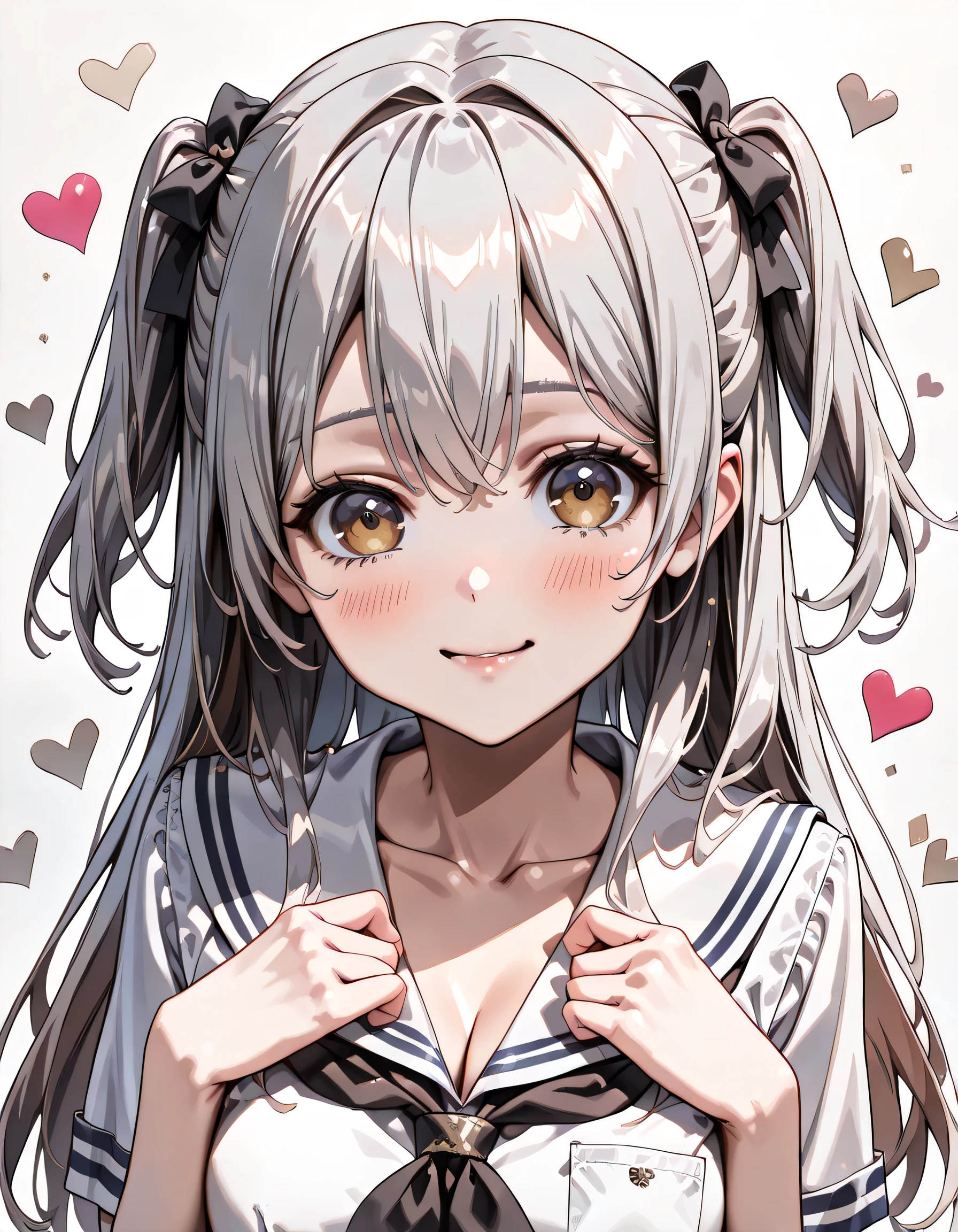 ((ultra-detailed)), (highly detailed CG illustration), (best quality:1.2), ultra-highly detailed, colorful composition, artistic photoshoot, 1girl, solo focus, ((upper body:1.4)), moe anime character, age girl, dainty facial structure, (baby face), (round face), ((rounded chin:1.2)), celia-default, celia claire, (blue eyes), ((silver hair color)), ((two side up hair)), ample breasts, school uniform, sailor suit, traditional Japanese style with navy blue and white colors, :q, licking lips, one eye closed, ((smile)), ((blush:1.4)), ((looking viewer)), ((spoken Heart:1.4)), ((pink heart background)), from front, best quality, masterpiece, expecting, pink cheek, blush, light pink gloss slip, portrait, depth of field, soft lighting, sidelighting, (shine), lighting, caustics, ray tracing, smile, perfect face, lustrous skin, highly detailed face, highly detailed eyes, perfect face, perfect nose, perfect hair, perfect eyes, perfect anatomy, beautiful hair, beautiful small face, extremely detailed face, beautiful detailed eyes, beautiful clavicle, beautiful body, beautiful ample breasts, leavage, breasts squeezed together, equalize the size of the left and right breasts, beautiful thin thighs, beautiful legs, beautiful fingers, 4 fingers, 1 thumb, lovely, (very detailed background:1.0), (highly detailed background:1.0), spring aesthetic, intricate details, joyful atmosphere, spring colors palette, chromatic aberration