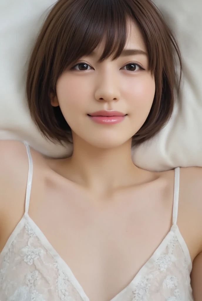 ((Highest quality, 8k, masterpiece:1.3)), concentrate: 1.2, Perfect Body Beauty: 1.4, Hip: 1.2, ((short hair, chest: 1.2)), , (bed:1.3),(Embarrassed face 1.3),(Sexy Underwear: 1.1),Highly detailed face and skin texture, Delicate eyes, double eyelid, White skin、whole body