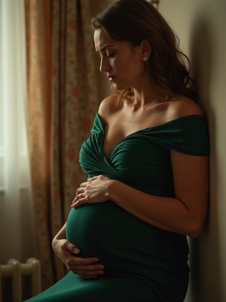 Giant Pregnant belly, girl, in a skirt, wearing panties, big ass, giving birth, spreading legs, wearing stockings, looking worried