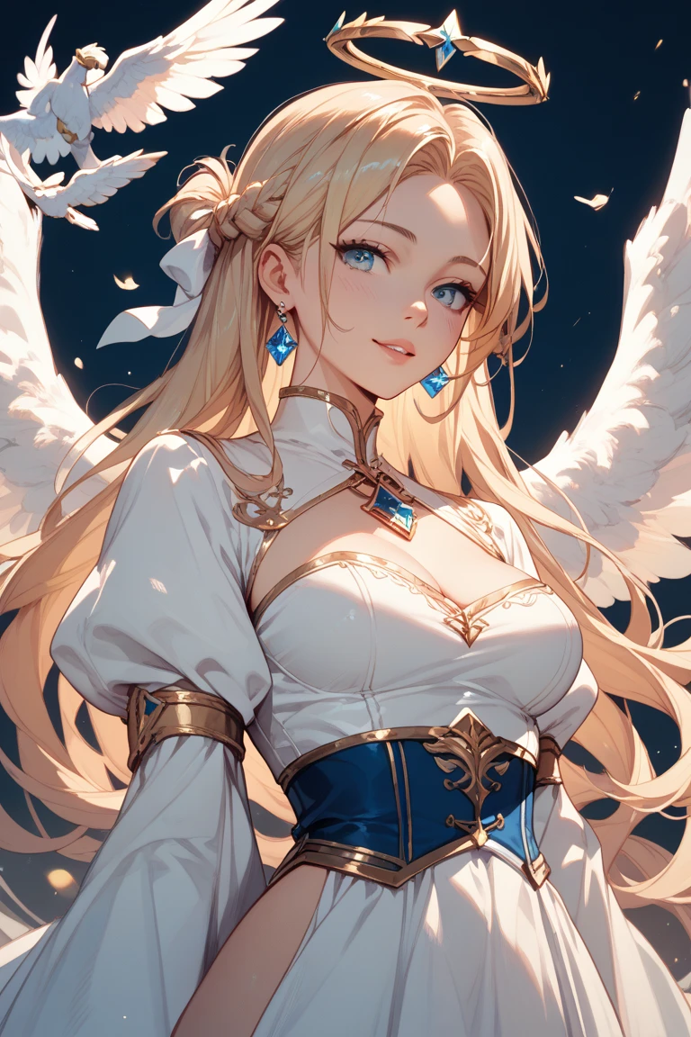 angelic woman,big angel wings,short white wavy hair,blue colored eyes,vestido branco curto,semi-new,chest neckline,big boobies