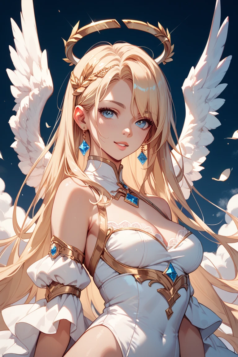 1girl, paladin, revealin white dress, white angelic wings, blond giant hair, green eyes, sexy pose, bedroom interior, golden details, 3d rendering, happy face, perfect face, thin body, thick thigh, big breasts, waist up painting