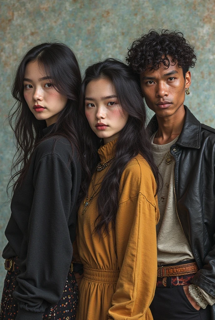 I want you to make a picture of 3 people, with the following descriptions:
A tall woman with straight black hair that reaches her shoulders, a warm complexion with European features and greener hazel eyes, with grunge style clothing, The other person is a short, red-haired young woman with shoulder-length hair., brown eyes and light skin with western features and undergarment style clothing and a young man with western features with a Korean hairstyle and ash blonde hair, Hazel eyes but more brown and white complexion and casual clothes. Please let the 3 be together and that it be so that it can be placed in an icon