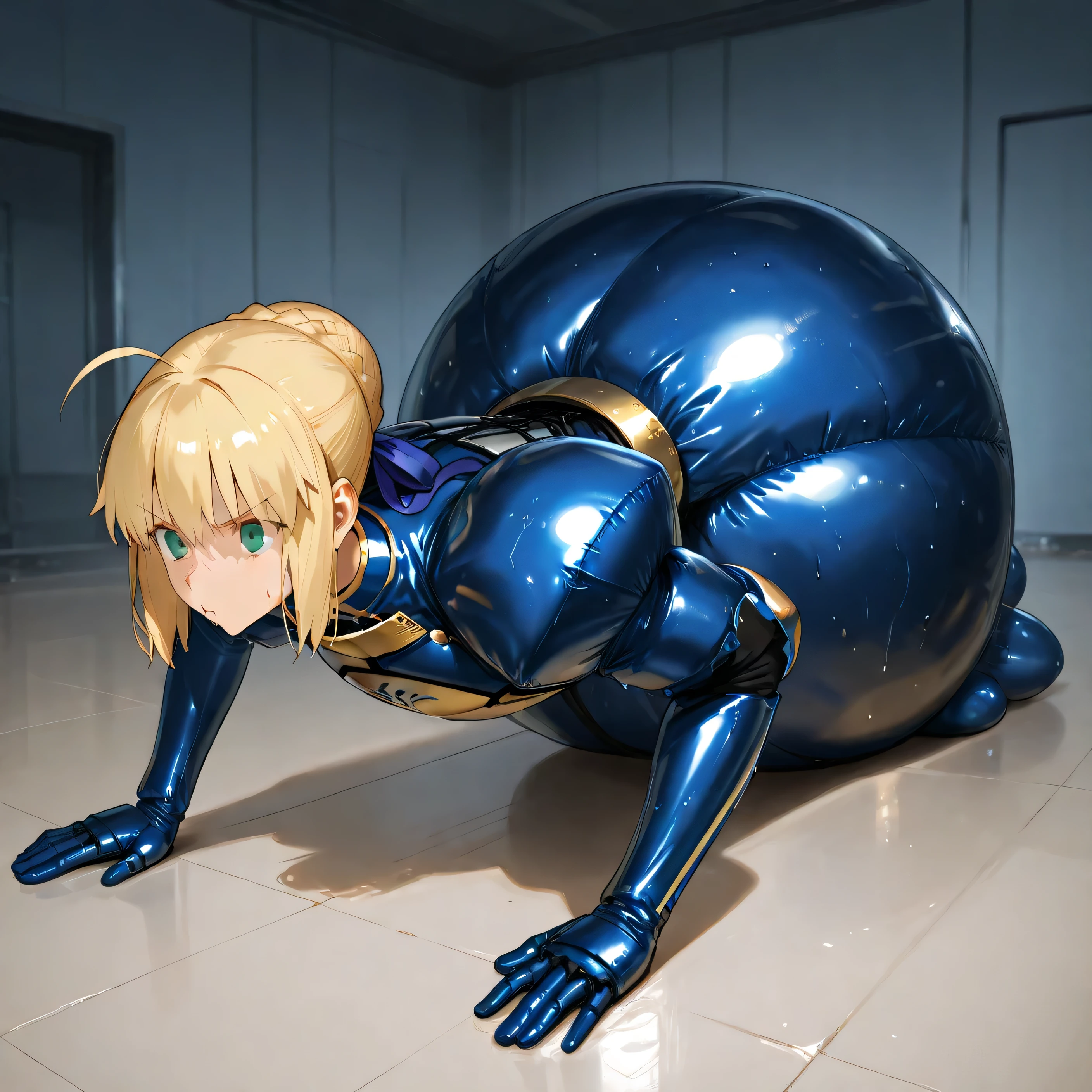 Saber fate, inflatable heavy  armor , latex sweat, pouty floor-length dress, high-soled rubber bootsThe dress is dragging on the floor. Milf large armored chest. push-ups