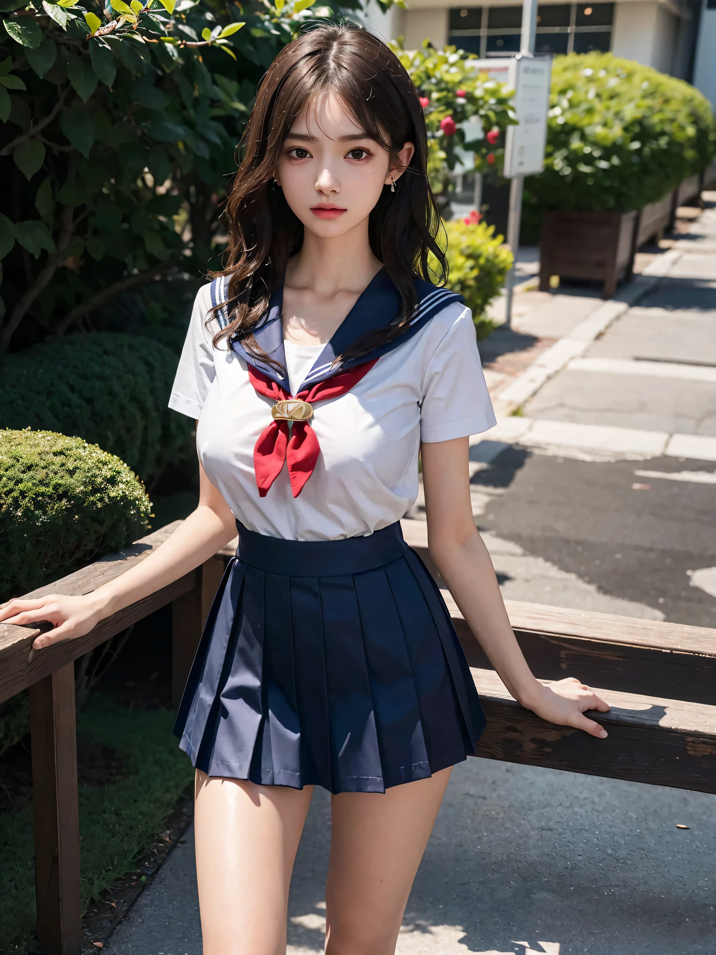 (Ultra HD), (Red sailor suit, Red short skirt), Big Breasts, slender, Narrow waist, (The belly button is visible:0.8), whole body, Standing posture, (Beautiful Skin, Shiny skin, White skin), (Super slim face, Super beautiful face, No makeup), (ponytail, Layered Cut, Fluffy hair), (double eyelid, Slanted Eyes), Small Nose, Thin lips, Thin legs, In front of the school gate
