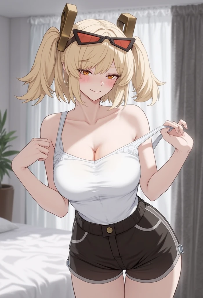(masterpiece), (highest quality), (figure), (Very detailed), (High resolution), (8k), (Perfect Anatomy), (Anatomically correct), One Woman, Very large breasts, Big Breasts, Twin tails, Drill Hair, (Golden Hair), very cute, Short, , delicate, Focus on women, she, smile, 魅力的なsmile, blush, Best moment, Junior and senior high school students, low length, Golden Eyes, Bright Eyes, Vivid eyes, cute, Thighs, Waistline, Beautiful Skin, Beautiful body, cute顔, delicateな腕, Innocent, Neat, blush, whole body, Detailed skin texture, Intricate details, Very detailedな顔, Beautiful Eyes, Big Eyes, Mami Tomoe, Short and skinny T-shirt, Denim shorts, Show your belly button, Window, Accentuate your breasts, Hot Gaze,