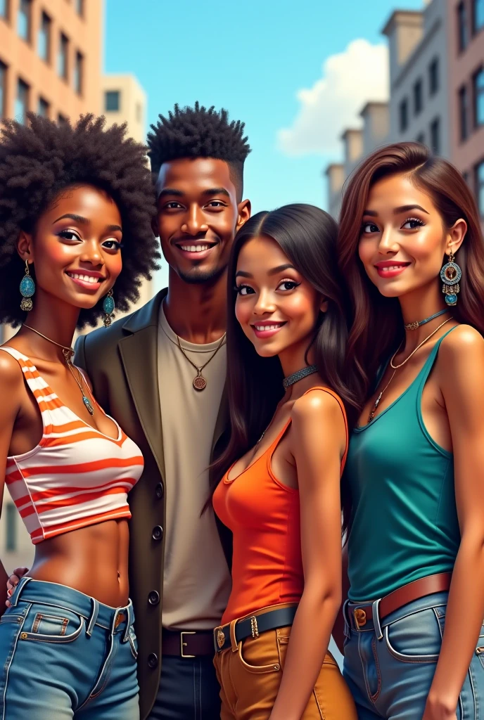 (photorealism:1.2), Two handsome black teenage boys and two pretty black teenage girls, standing beside one another, wearing casual dresses, the boys are on low cut and the girls with long hair, outdoor, university setting, bright illumination, realistic, intricate details, warm colors.
