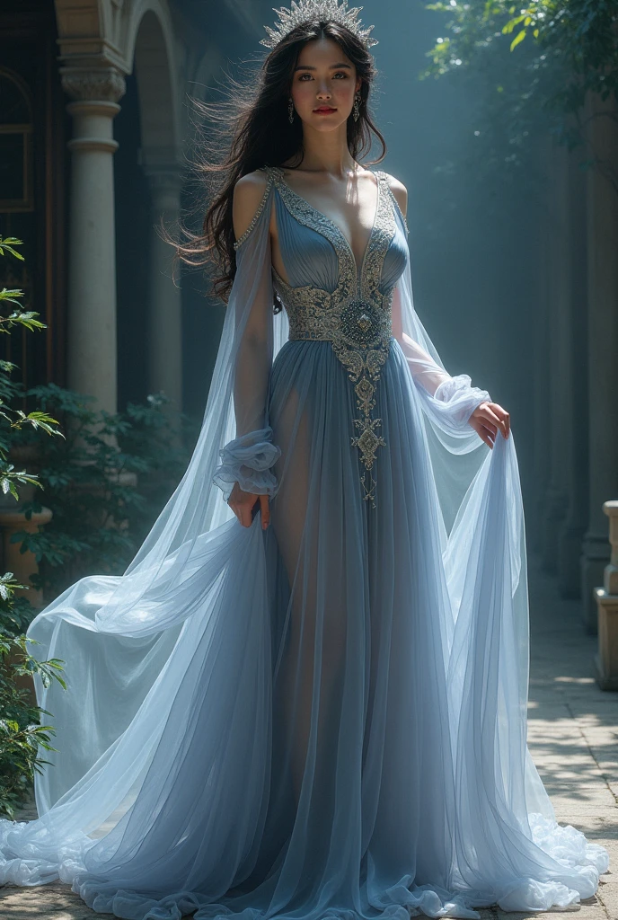 ruanyi0766, A portrait of a seductive Chinese maiden clad in a revealing Hanfu from the Northern and Southern Dynasties. The Hanfu's black dress features an off-shoulder neckline that exposes her ample cleavage, with the fabric loosely draped around her breasts to reveal her hardened nipples. The flowing wide sleeves hint at what lies beneath, and the maiden is adorned with exquisite jewelry. She poses suggestively against a picturesque ancient Chinese landscape, her sultry gaze inviting the viewer to explore her curvaceous form.