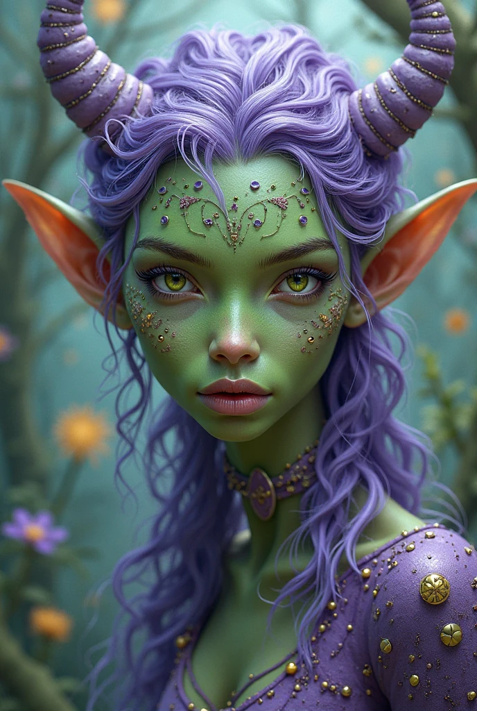 Prismatic coloration. Jungle like environment. A young Plant woman with a Grass green skin tone & a set of B-cup breast. She has short leaf green curly hair stopping at the top of her neck & is wearing a form-fitting Purple & Black bodysuit with a deep neckline, exposing much of her chest area Golden Floral designs & an otherworldly Purple flower wreath on her head. She has Serious gaze in her Starlike Golden eyes & a heavy freckled form. She has long transparent crystal Blue antlers radiating Floral energy & a set of quaint elven ears. She has long golden vine like tattoos, glowing with Celestial red energy running all around her body. She has a small cute nose She is seen in a battle stance summoning verdant green Starlight magic from her fingertips