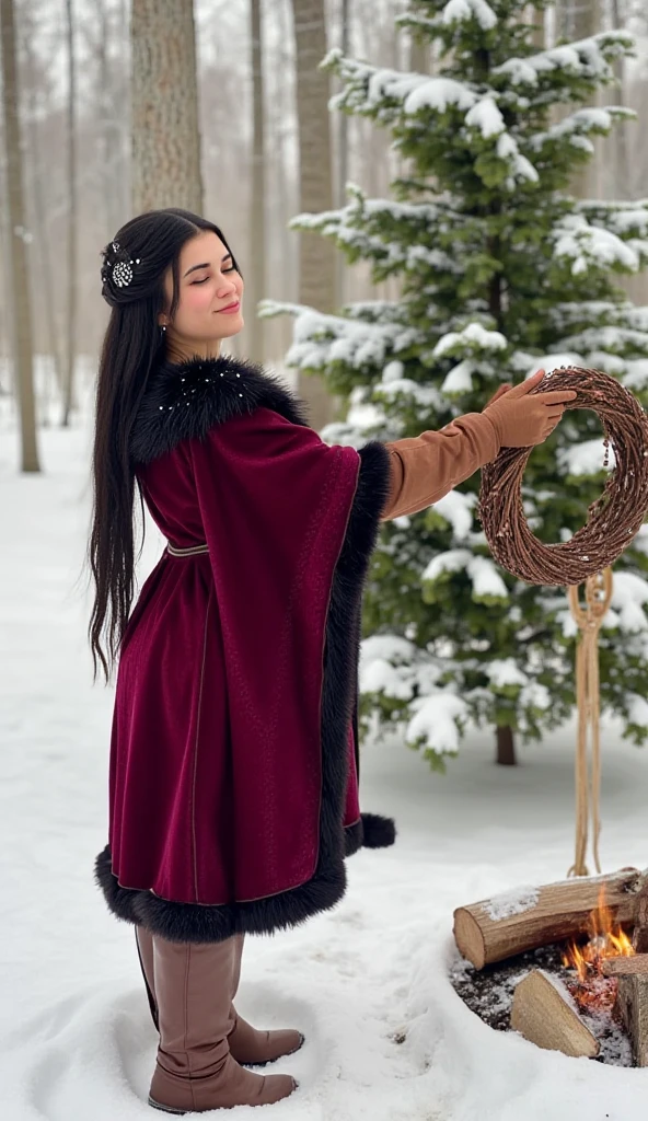 MilaAzul, woman, "Mountain Majesty": an embodiment of grace, poses on a majestic mountaintop, surrounded by snow-capped peaks. Her (elegant velvet cloak:1.2), adorned with intricate embroidery and (faux fur trim:1.2), keeps her warm in the crisp alpine air. The stunning contrast between her dark attire and the pristine white landscape creates a captivating visual spectacle.