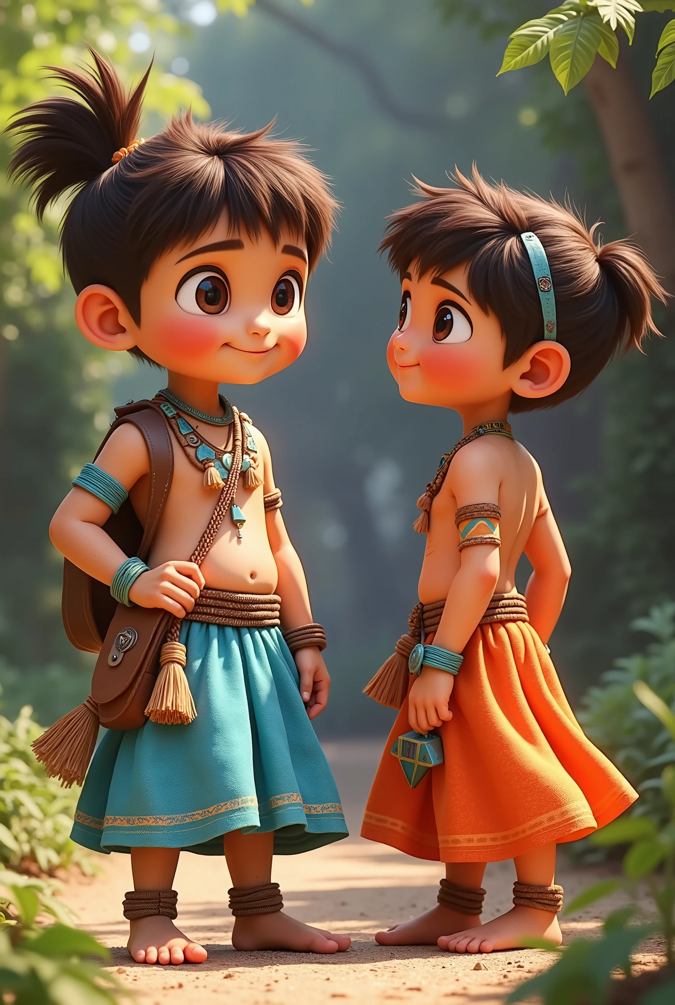 cartoon style， Tribal Style ，One person on the left side of the screen takes the main view，One person on the right stands with his back in front of the camera，两个 Tribal Style 明显， details，best quality