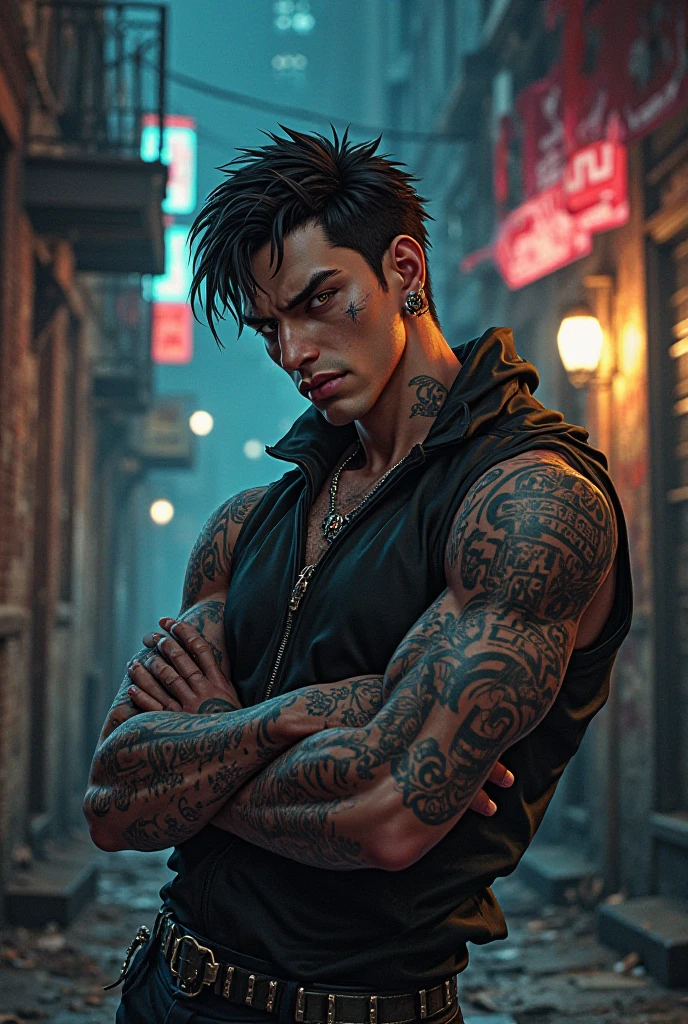 Natsuki Subaru from Re:Zero with Yakuza tattoos all over his body along with scars, while in an MMA fighting stance.